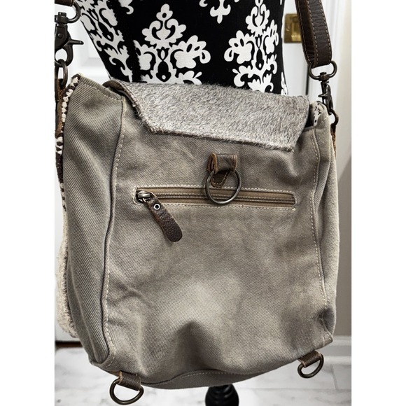 Myra Bag Convertible Crossbody Backpack Cow Hair On Hide Canvas Leather Strap - Picture 7 of 12